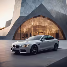 the bmw 6 series sedan is shown in front of a modern, architecturely building