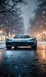 a sports car driving down a city street on a snowy night