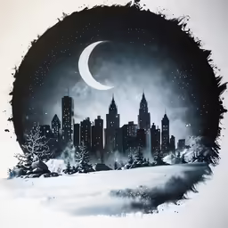 a painting of the city at night with stars and moon in black and white
