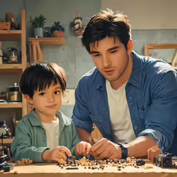 a father and son playing a game of board games