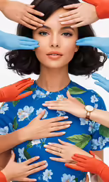 four hands are holding the arms of a woman