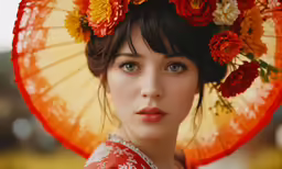 a woman in a red dress and orange umbrella