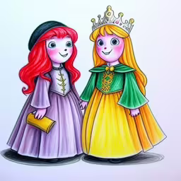 two little girls are dressed in costumes for the day,some childrens drawings are on the white paper