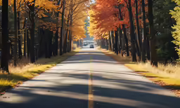 a road with a car driving down it between some trees