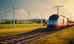 a train riding on the tracks near a wind farm,a train drives down the tracks near several wind turbines