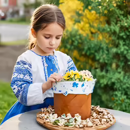 a girl is sitting and decorating a cake