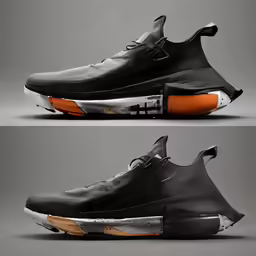 the black and orange sneaker is shown with white outs