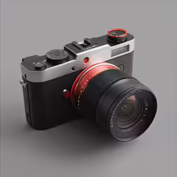 an artistic, compact photo camera with its flash lens attached