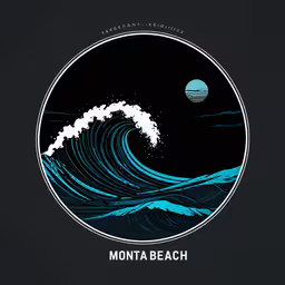 a round frame with a blue wave in the ocean,the poster for mont beach with waves and sun