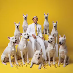 man sitting in front of white dogs with golden balls