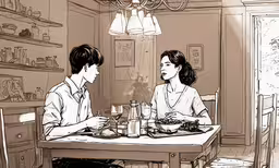 a cartoon style drawing of a couple talking,a drawing of two people sitting at a table