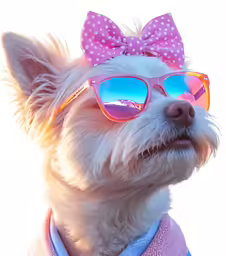 a small dog with pink and blue sunglasses