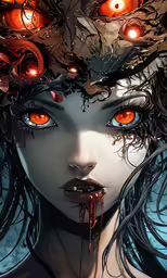 a painting of a woman with blood on her face and glowing orange eyes