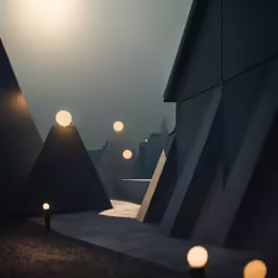 a group of candles sitting on top of cement structures