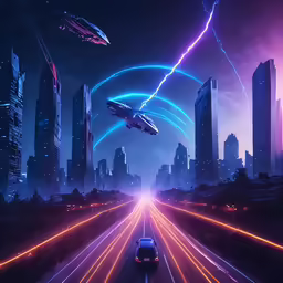 the cars and trains are traveling through a futuristic city