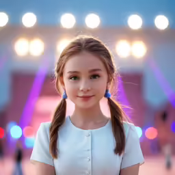a pretty little girl standing in front of a stage