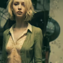 a young lady with short hair standing in a room