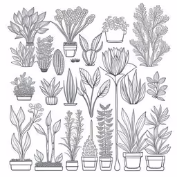 various potted plants, and flowers in line art,this is an illustration of a large assortment of succulents