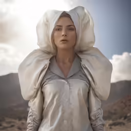 a woman is standing in the desert in a trench coat and hat