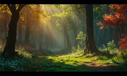 sun shining through the forest with many trees