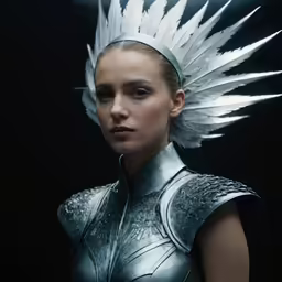 a young woman with white feathers on her head wearing a metal armor