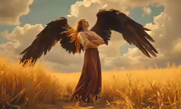 woman with large wings standing in grassy field