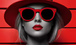 a woman wearing red sunglasses and a red hat