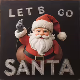 santa claus appears to be pointing at the words, let b go, santa