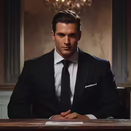 the young man in a suit is sitting at a desk