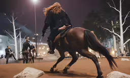 a woman riding on the back of a brown horse at night