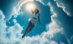 a beautiful woman in a white top and skirt flying through the air