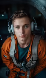 a young man with headphones sits in a plane