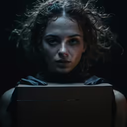 a woman that is holding a box in her hand