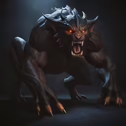 a computer rendering of a demonic demon with sharp red eyes