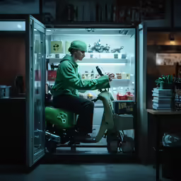 the man rides the scooter inside the fridge