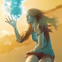 a woman standing in the water under a blue cloud
