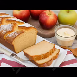 sliced loaf of banana bread on white plate with apples and apple dip