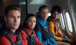 group of people sitting in the middle of an airplane