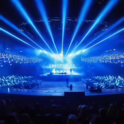 a large auditorium full of people sitting around a stage