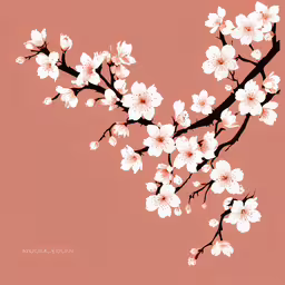 a picture with a peach background and white flowers,a painting of a branch with white flowers
