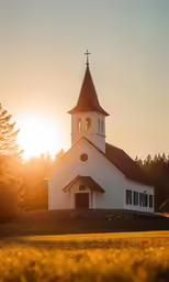 an old church is located in the middle of a field with trees and grass