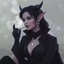 a gothic witch smoking a cigarette, wearing an evil face