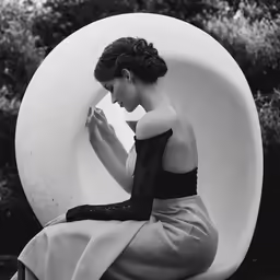 a woman sitting on top of a white ball in front of trees
