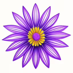 a drawing of a purple flower with yellow center,a picture with a blue and yellow flower on it
