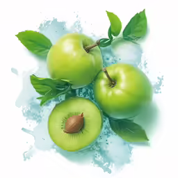 two green apples and a half with leaves