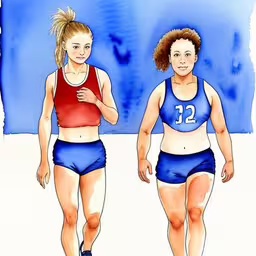 drawing of two women running in blue and red clothing,two girls wearing athletic clothing in two separate poses,two women running each other down a street,a painting of two women in swim wear,this is an image of two female athlete in bikinis