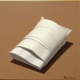 a white folded up paper on top of a beige floor,a roll of fabric on top of a brown table