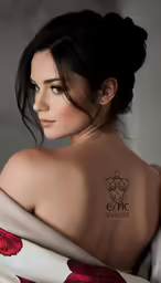 a woman is covered in sheets with the back tattoo