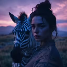 a woman that is standing next to a zebra