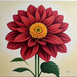 a red flower with a yellow center,a painting of a red flower with large yellow center